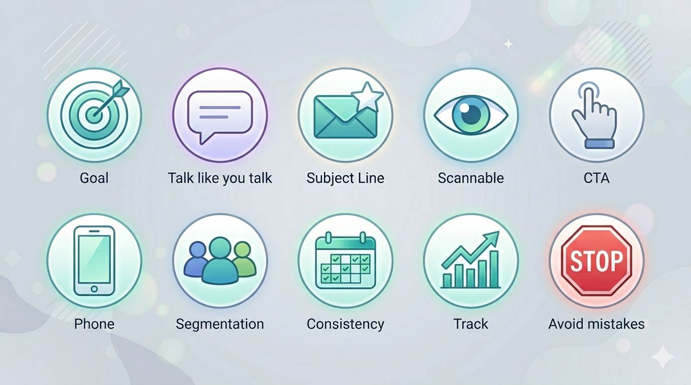 10 icons representing email marketing best practices: goal, tone, subject line, scannable, CTA, mobile, segmentation, consistency, tracking, avoid mistakes.