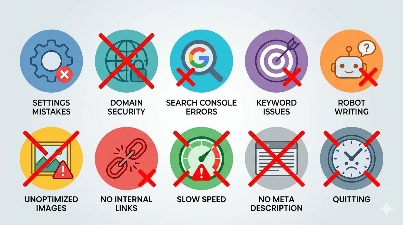 10 icons representing stupid SEO mistakes on Blogger: settings, domain, search console, keywords, robot writing, images, internal links, speed, meta description, quitting – each with red X