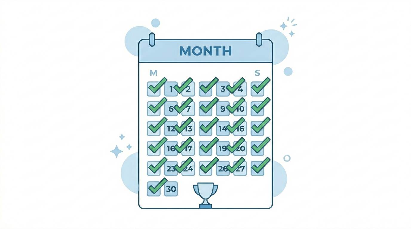 Flat 30‑day calendar with all green checkmarks – 30‑day habit challenge for success