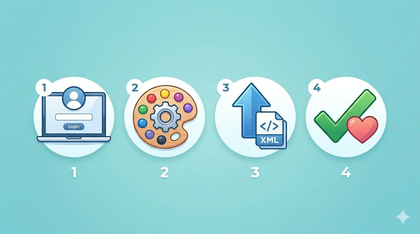 4 step icons: login, click theme, upload template, save changes – changing Blogger template in minutes