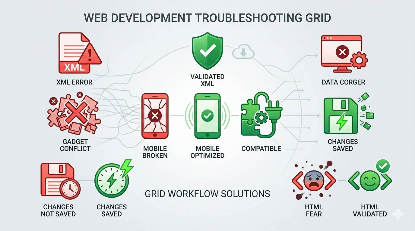 5 icons representing common Blogger template errors: XML warning, mobile broken, gadget conflict, save failure, HTML fear – with green checkmark solutions