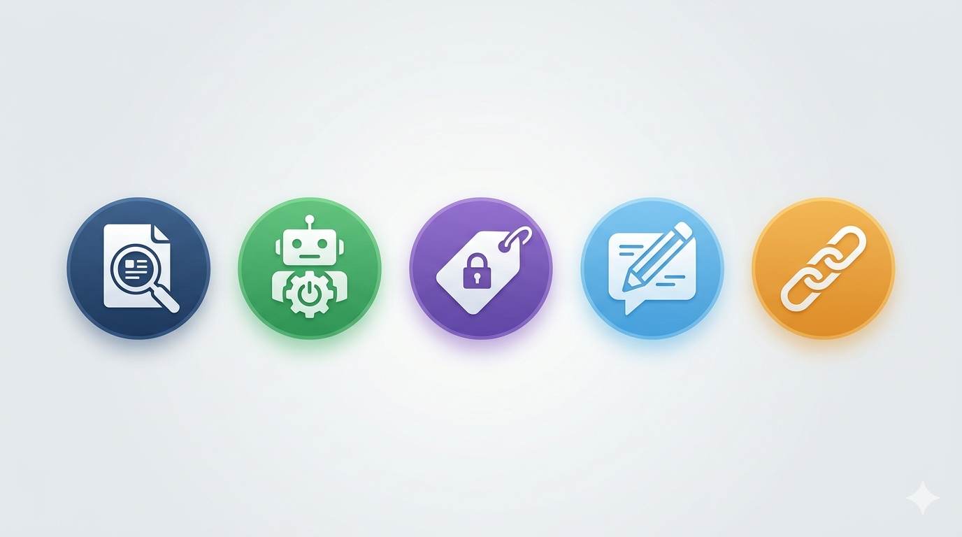 5 icons representing essential SEO settings for Blogger: search description, robots.txt, robots header tags, post description, custom permalink