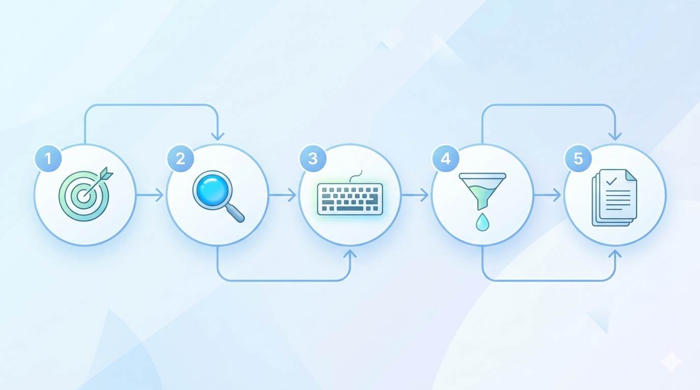 Flowchart with 5 connected circles showing steps: pick a topic, open AI tool, type keyword, review suggestions, save keywords. Simple guide to using AI for keyword research.