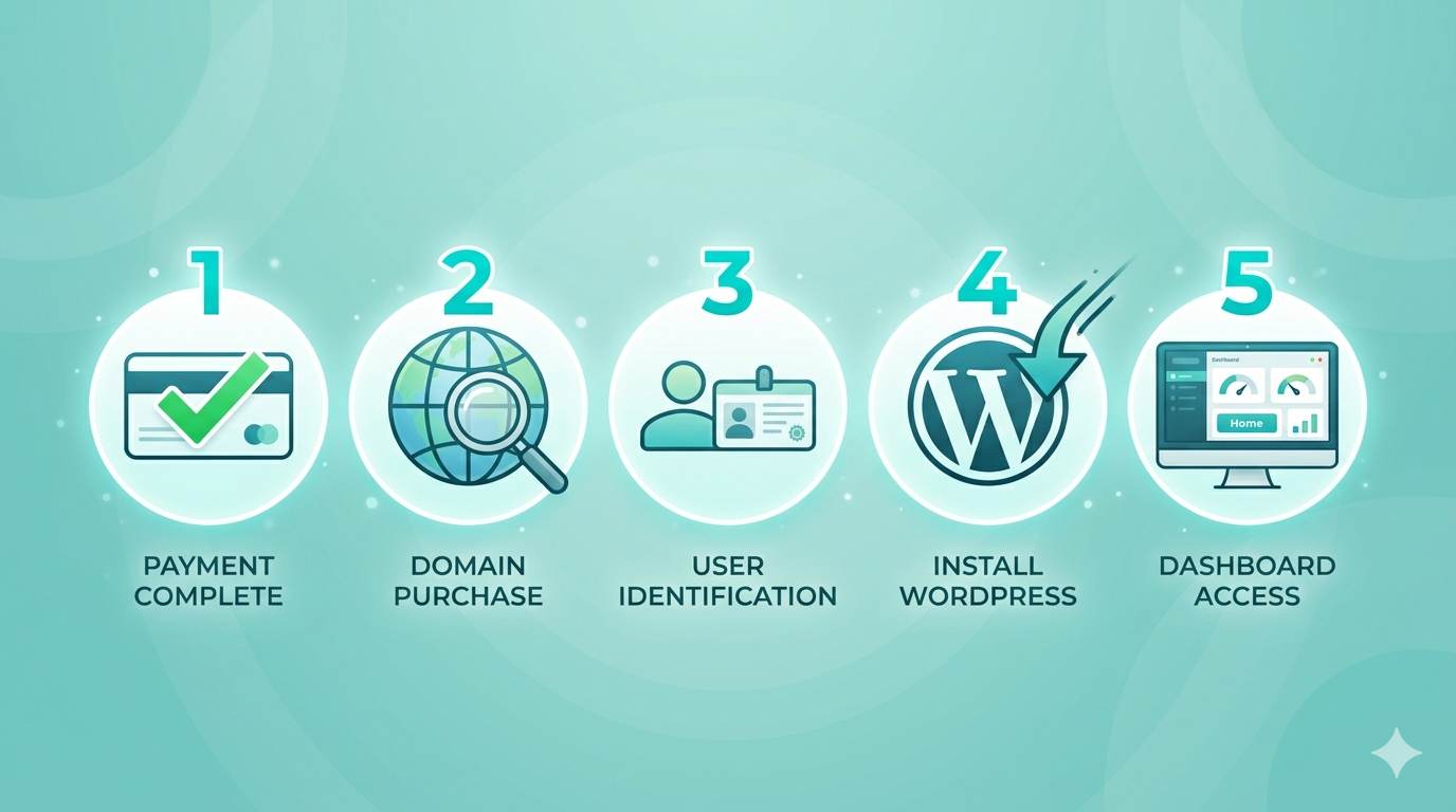5 step icons: choose plan, pick domain, create account, one-click install, WordPress dashboard login
