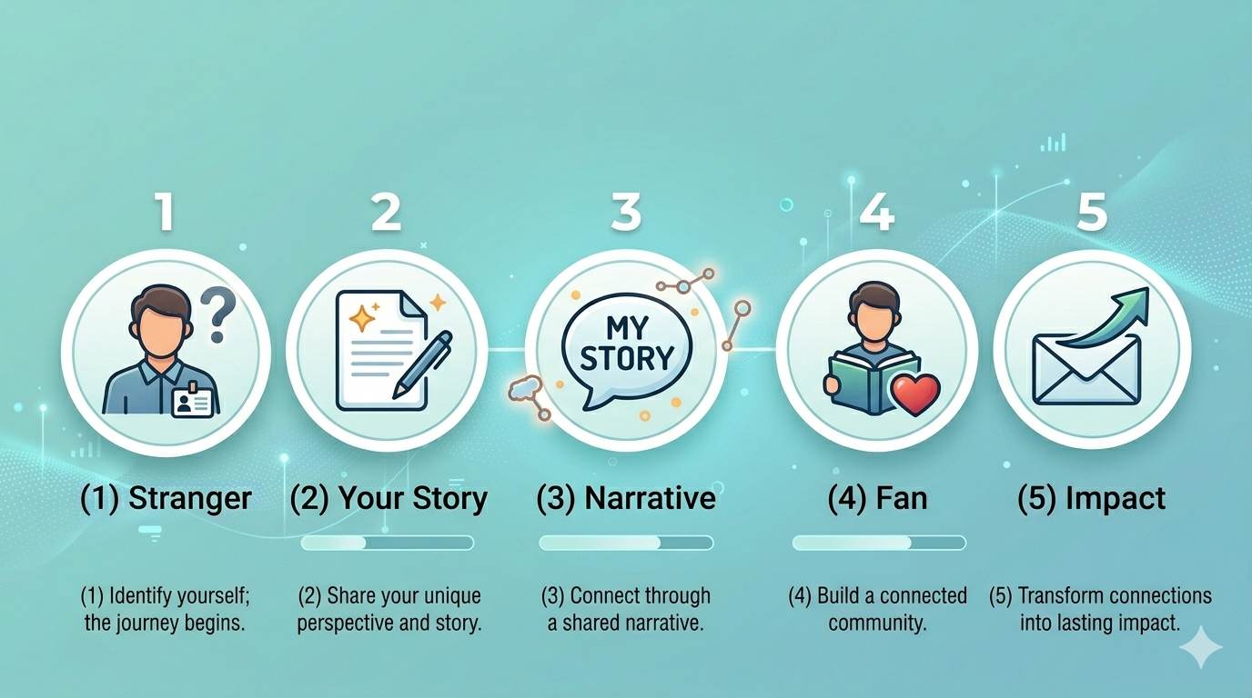 5 step icons: person with name tag (who you are), document with star (blog focus), story bubble (your story), reader with heart (focus on reader), invitation envelope (call to action) – writing About Us page on Blogger