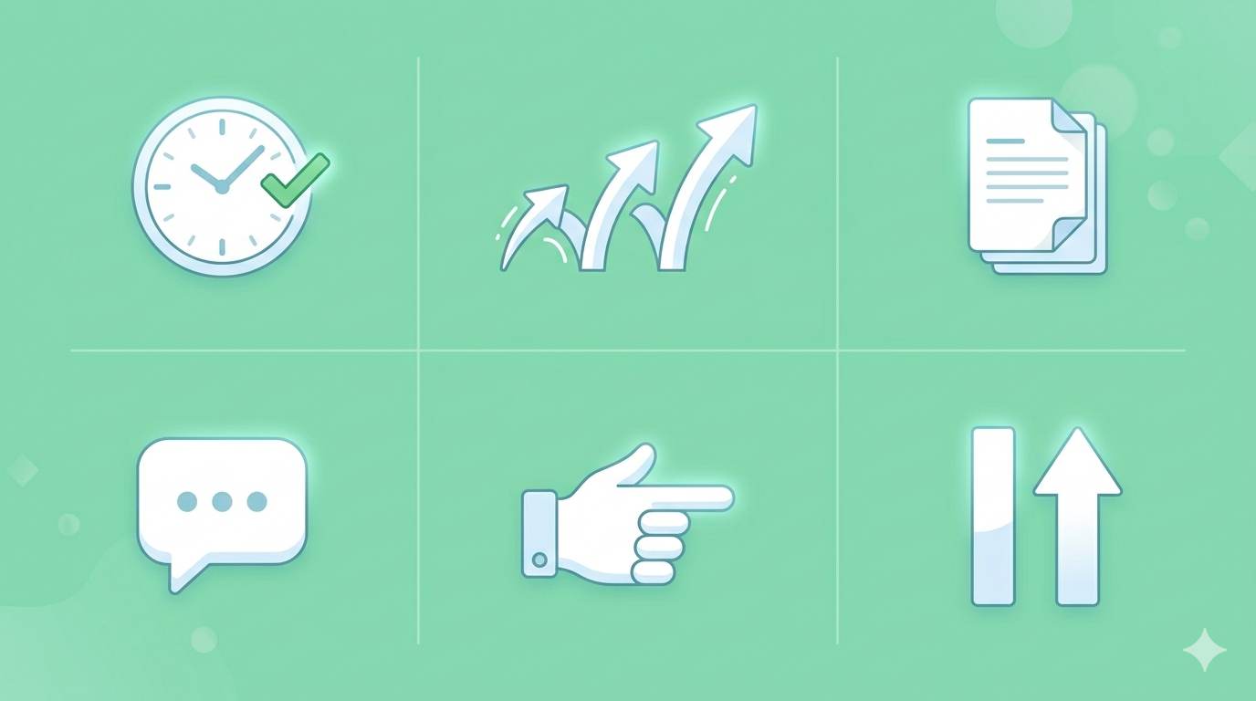 Six icons representing key engagement metrics: time on page, bounce rate, pages per session, comments, CTR, scroll depth.