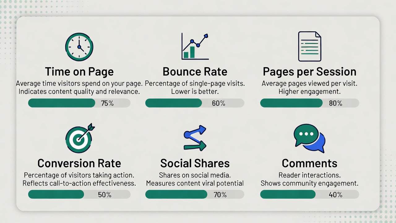 Infographic summarizing 6 key audience engagement metrics for bloggers, including time on page, bounce rate, and comments