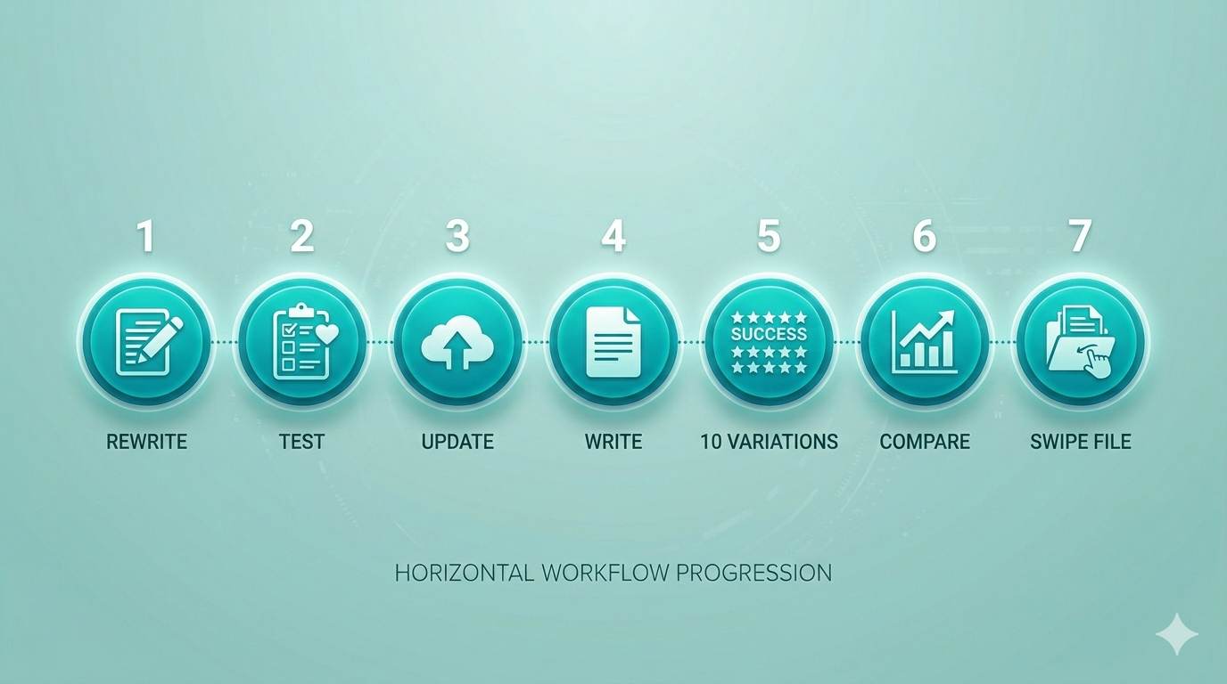 7‑day plan for mastering blog titles: rewrite old titles, test with friends, update title, write new post, write 10 variations, compare clicks, create swipe file