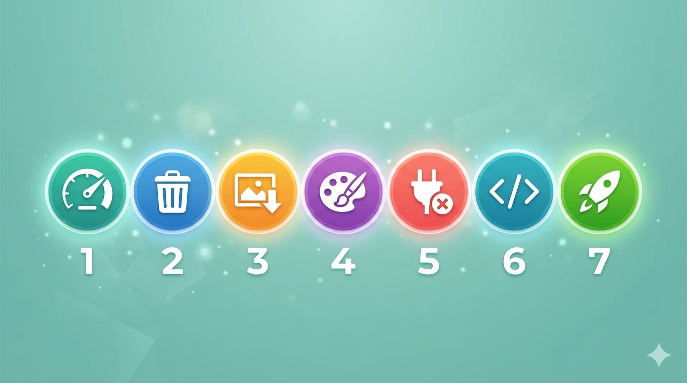 7‑day plan: test speed, delete gadgets, compress images, switch template, remove scripts, minify code, republish