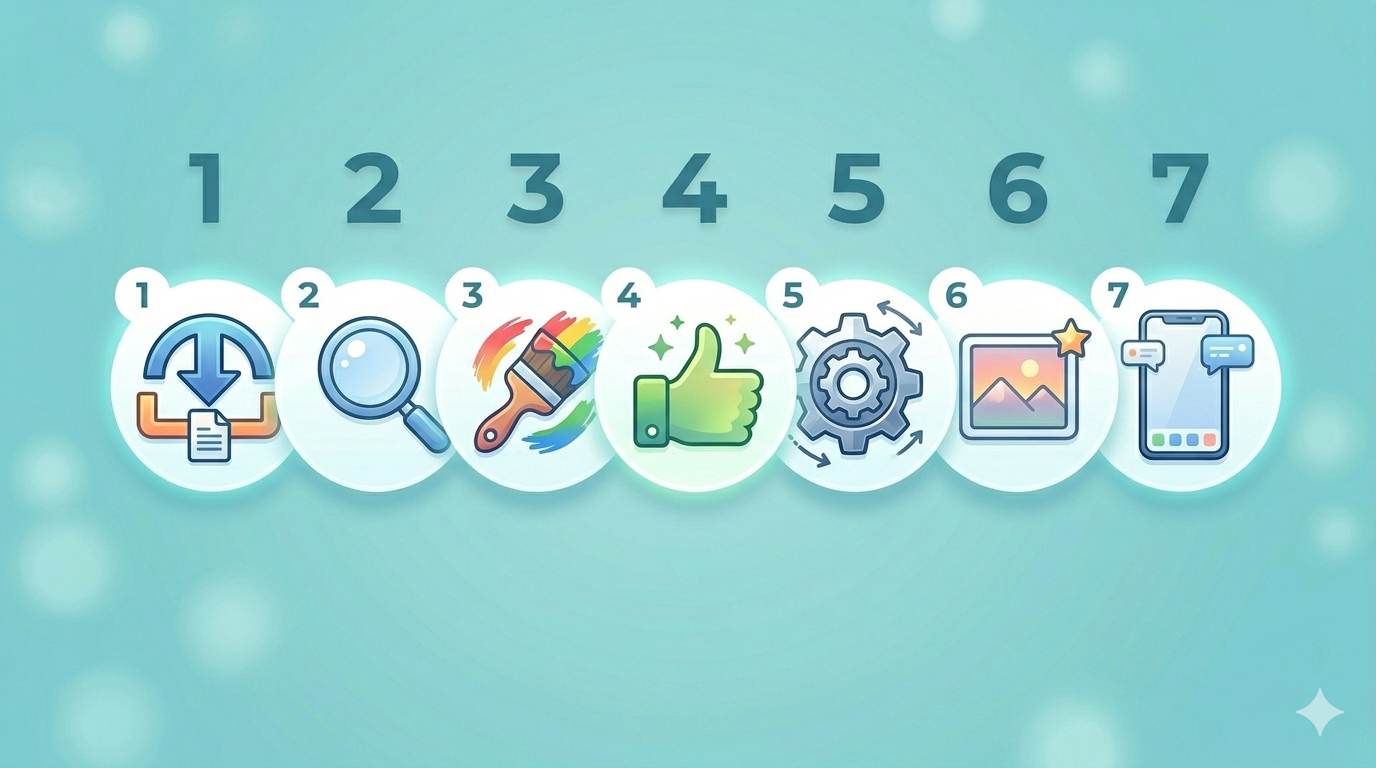 7‑day plan: backup, browse templates, try, pick, customize, add logo, test mobile