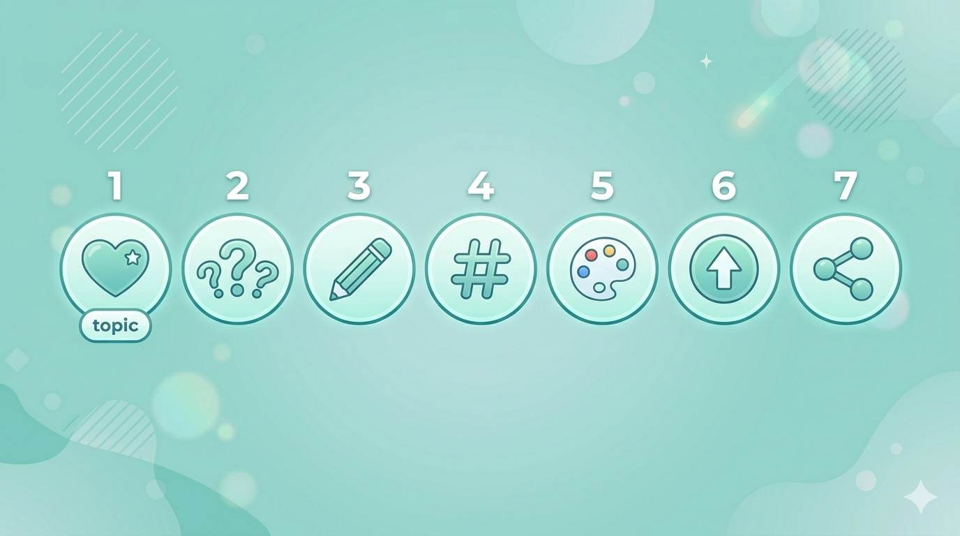 7‑day content creation starter plan icons: pick topic, write questions, write answer, add headlines, create image, publish, share with friend.