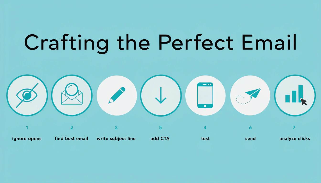 7βday email campaign reset plan icons: ignore opens, find best email, write subject, add CTA, test, send, analyze clicks