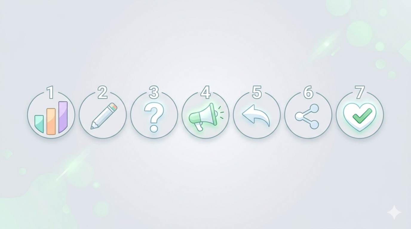7‑day plan icons: check analytics, rewrite intro, add questions, add CTA, reply to comments, share on social, check metrics.