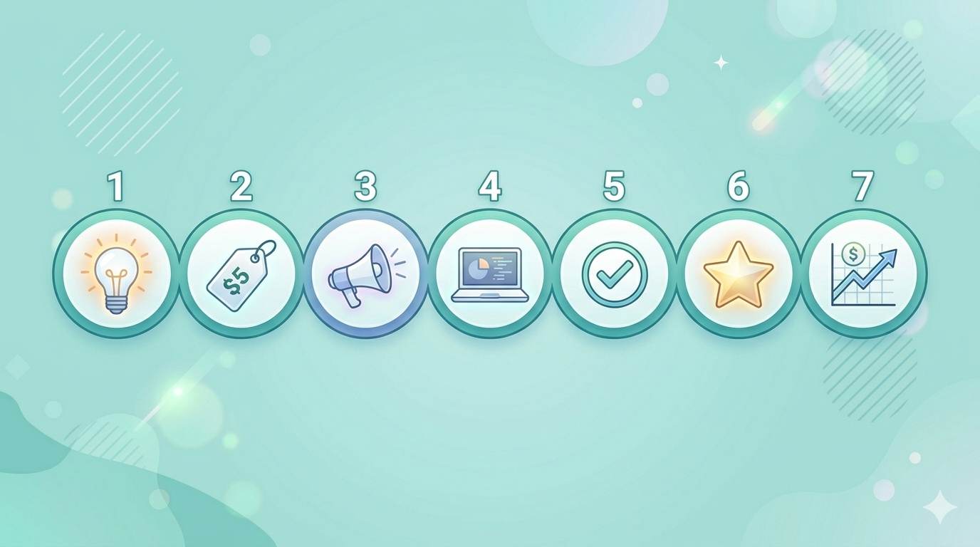 7‑day action plan icons for making fast cash with services: list skills, create offer, tell people, post online, deliver work, get testimonial, raise price.
