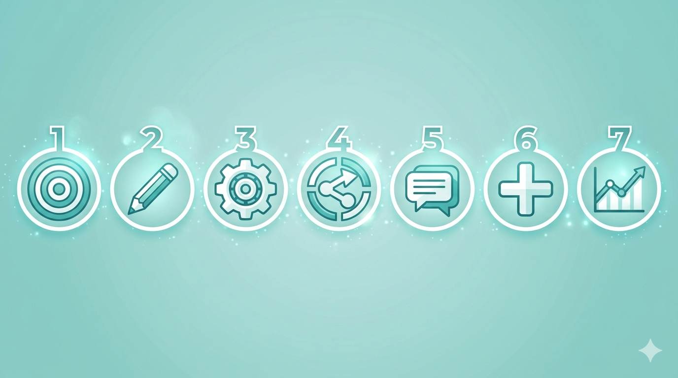 7βday starter plan for free traffic: pick strategy, create content, optimize, share, engage, create more, check analytics