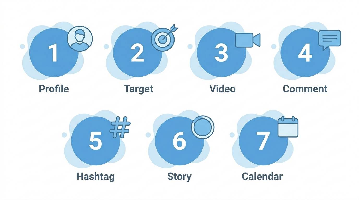 Flat design with 7 numbered steps and icons: profile, niche, Reels, engage, hashtags, story, repeat – 7-day Instagram growth plan