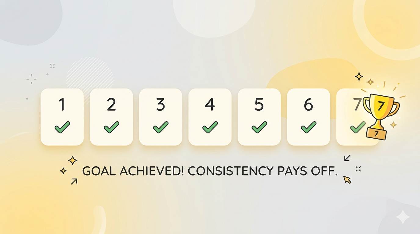 Calendar showing 7 days with green checkmarks, ending with a trophy icon. 7-day challenge to master keyword research using AI tools for beginners.