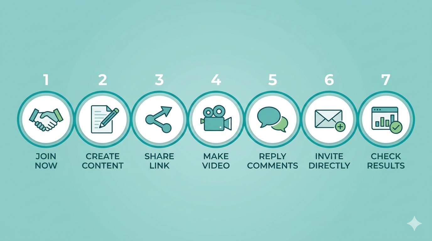7‑day plan: join program, create content, share link, make video, reply comments, invite directly, check dashboard – launching two-tier affiliate program