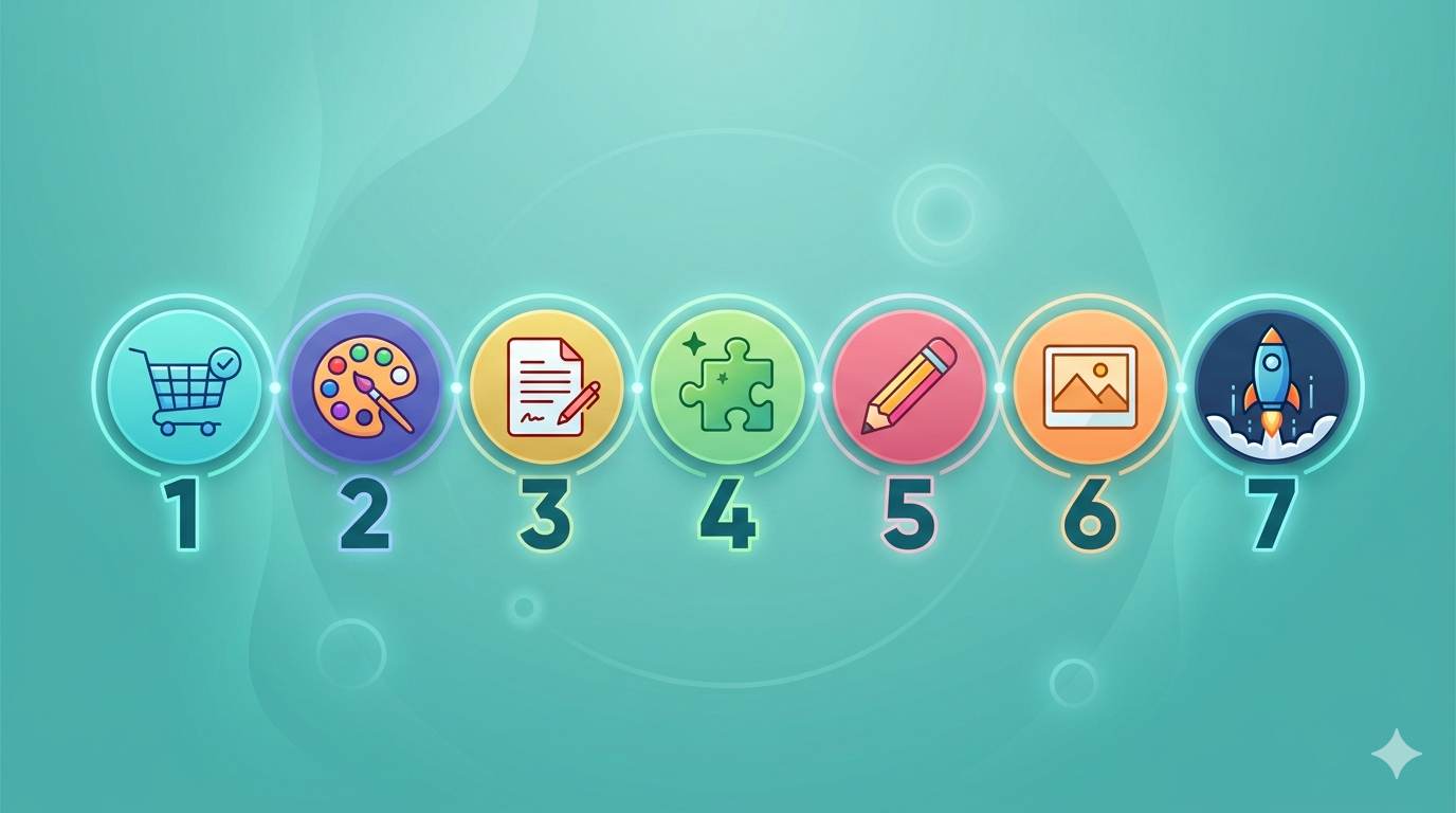 7βday launch plan after installing WordPress: buy hosting, pick theme, create pages, install plugins, write first post, set logo, publish