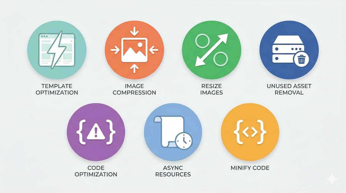 7 icons representing speed fixes: fast template, compress image, resize image, delete gadgets, limit scripts, lazy loading, minify code