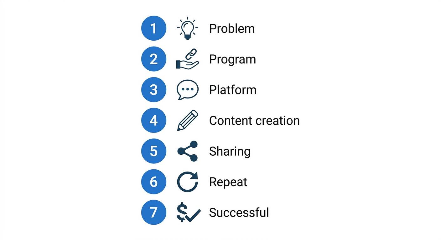 Flat vertical checklist with 7 numbered steps and icons: problem, program, platform, content, share, repeat, earn – affiliate marketing for beginners