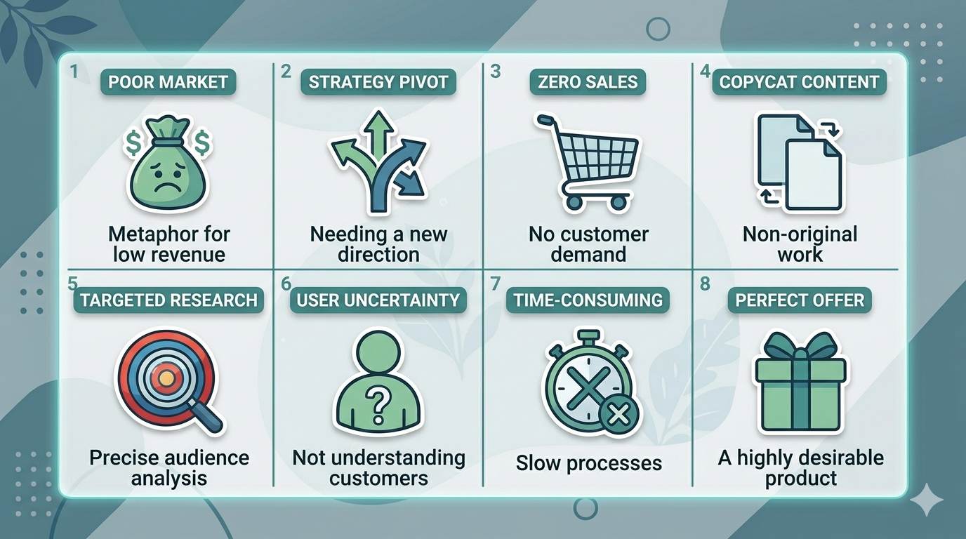 8 icon grid representing common affiliate niche errors: chasing money, too broad, no products, copying, ignoring low competition, not understanding audience, giving up too soon, one product only.