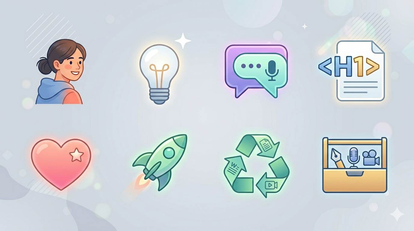 8 icons representing simple tips for creating content: know your audience, start with one idea, write conversationally, use headlines, be helpful, don't wait for perfect, repurpose, use tools.