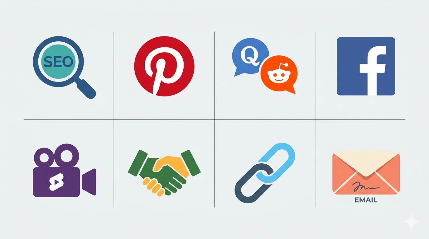8 icons representing free traffic strategies: SEO, Pinterest, Quora/Reddit, Facebook groups, YouTube Shorts, guest post, internal links, email signature