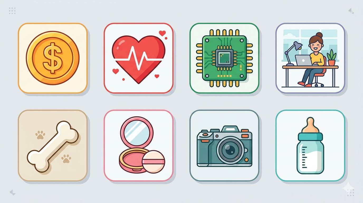 Icons representing 8 profitable affiliate niches: finance, health, tech, remote work, pets, beauty, hobbies, parenting.