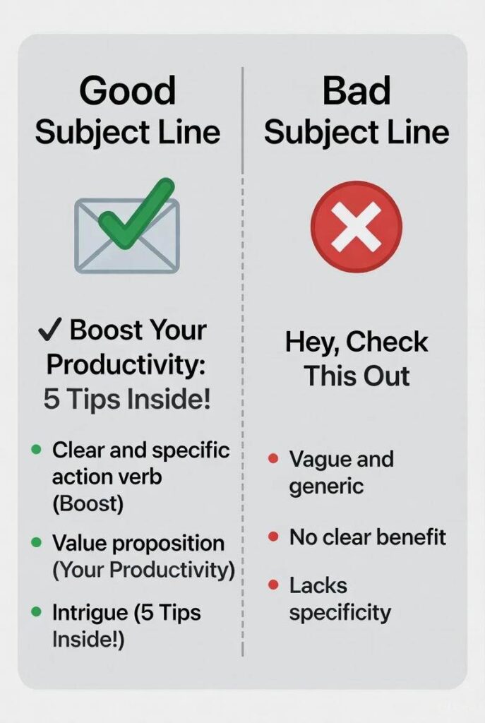 Visual comparison of a good and bad email subject line showing how subject lines affect open rates