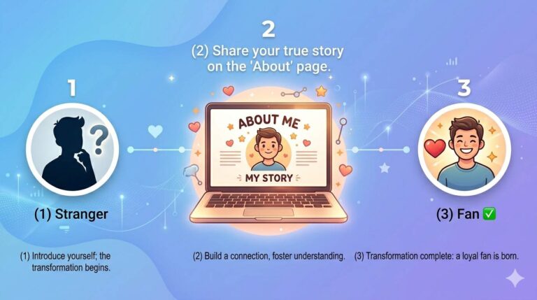 Person on laptop smiling, with a visitor turning from a stranger icon (question mark) into a fan icon (heart and star) – transformation through About Us page on Blogger