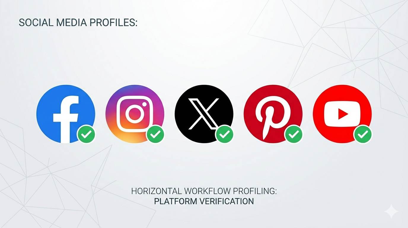 5 social media icons: Facebook, Instagram, Twitter, Pinterest, YouTube – each with a green checkmark, representing active accounts to add to Blogger