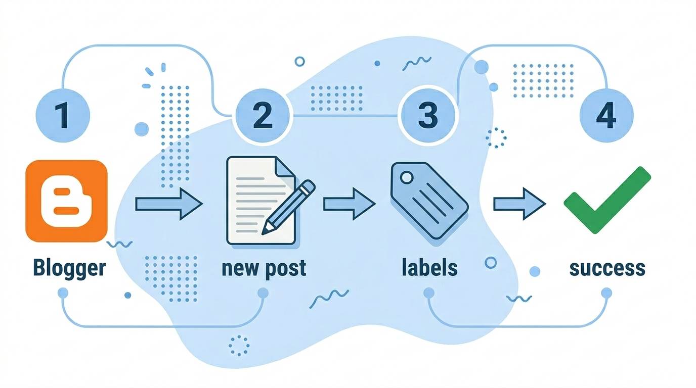 Four flat numbered steps: dashboard, new post, labels, save β how to add categories in Blogger