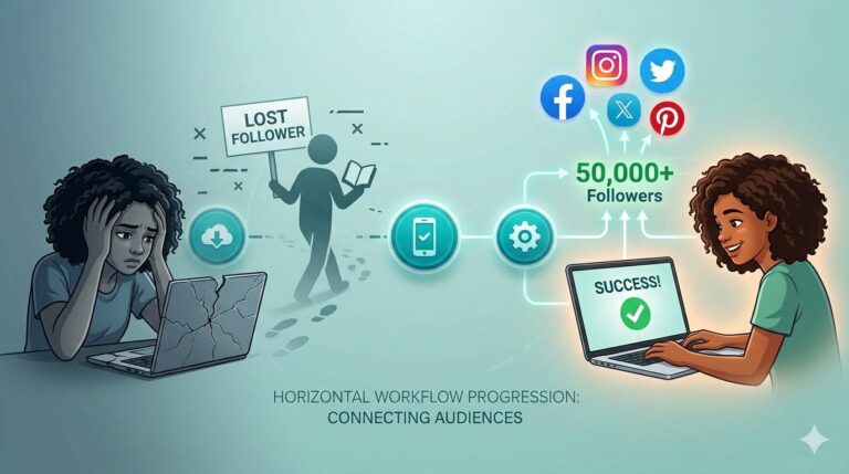 Split screen: left shows a sad blogger with a reader leaving without following; right shows a happy blogger with clickable social icons and growing followers