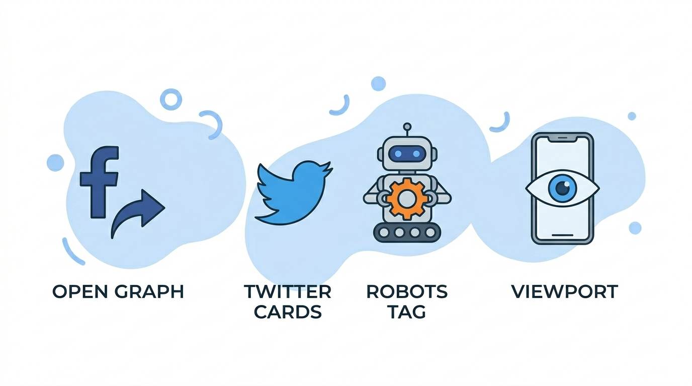 Four flat icons: Open Graph, Twitter Cards, robots tag, viewport – advanced meta tags for Blogger