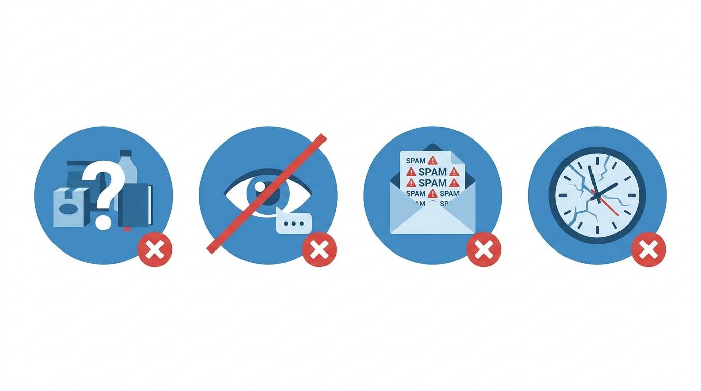 Four flat icons with red X marks: random products with question mark, eye with cross for no disclosure, spam email icon, broken clock for quitting early – common affiliate mistakes