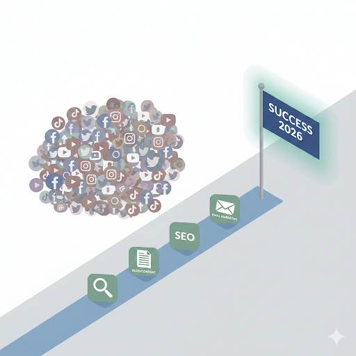 showing simple ways to succeed in affiliate marketing without social media in 2026, featuring a calm path focused on SEO and content