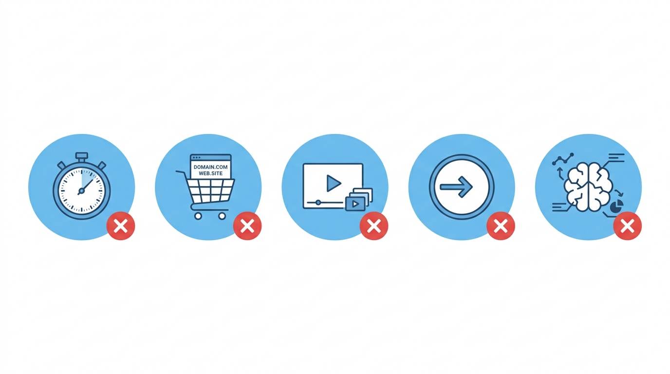 Five flat icons with red X showing common mistakes: overplanning, buying domain, watching tutorials, waiting, analysis paralysis