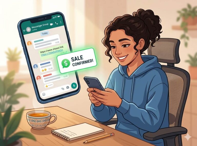 Woman earning her first affiliate commission from smartphone while sitting on sofa – no website, no tech skills needed