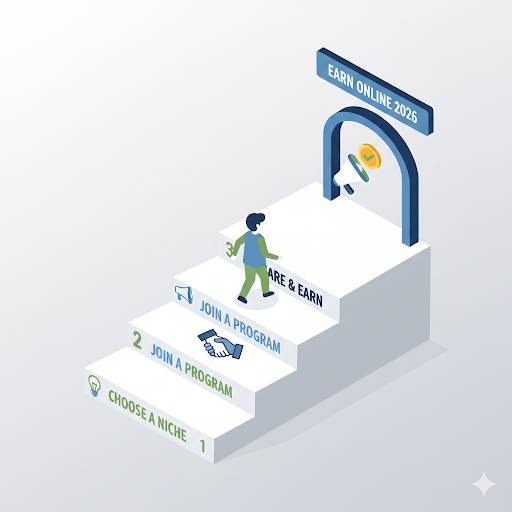 showing affiliate programs for beginners as a clear 3-step staircase to start earning online in 2026, from choosing a niche to making money