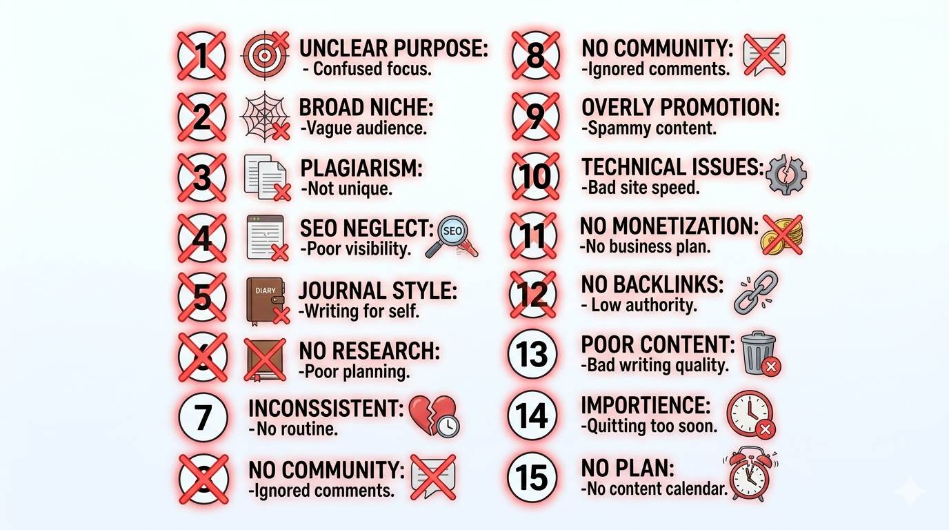 Anime style 15 numbered list with red X – 15 blogging mistakes beginners make