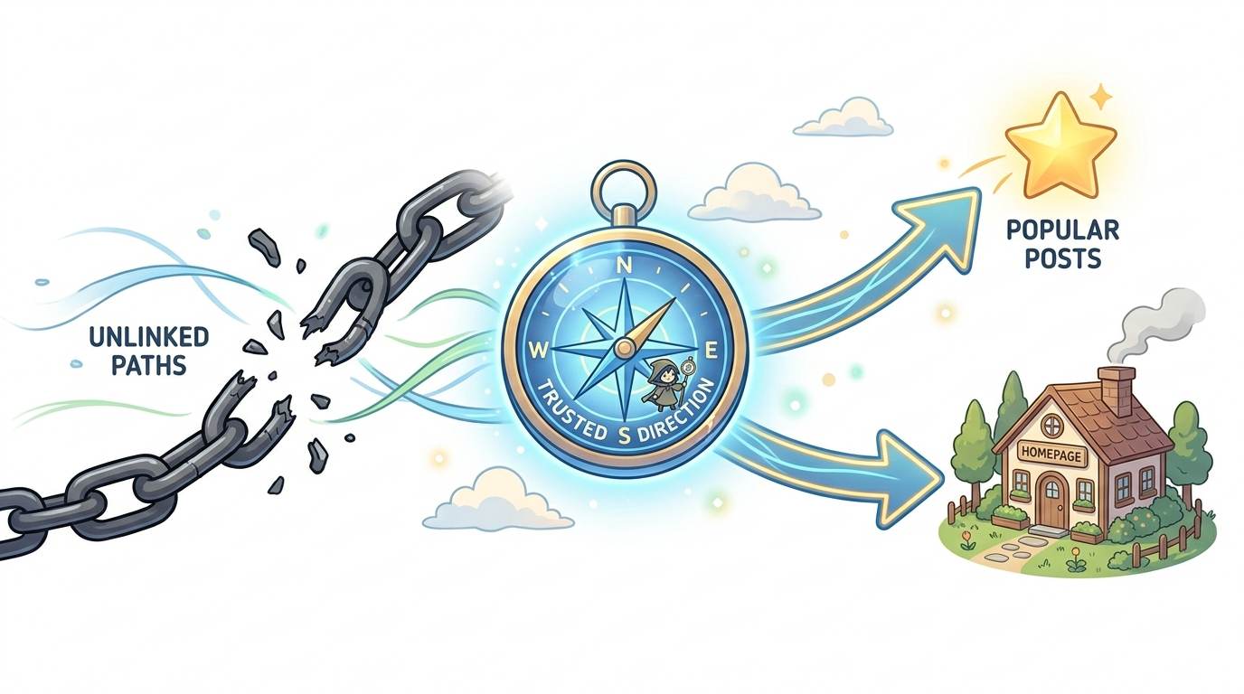 Anime style broken chain turning into compass pointing to homepage and popular posts – what is a custom 404 page