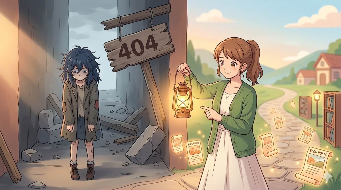 Anime style sad visitor at dead end with friendly blogger guiding them back – custom 404 page solution