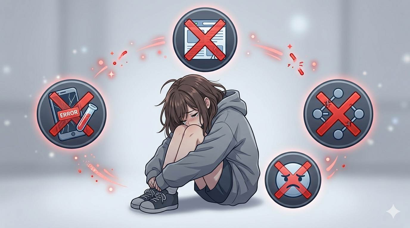 Anime style sad blogger with warning icons – common custom 404 page mistakes to avoid