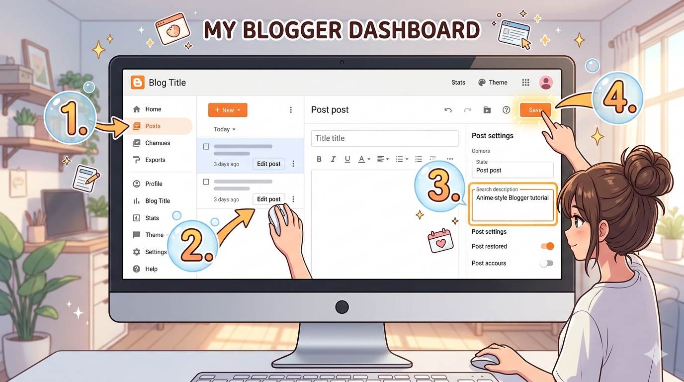 Anime style steps to add meta description in Blogger – search description field