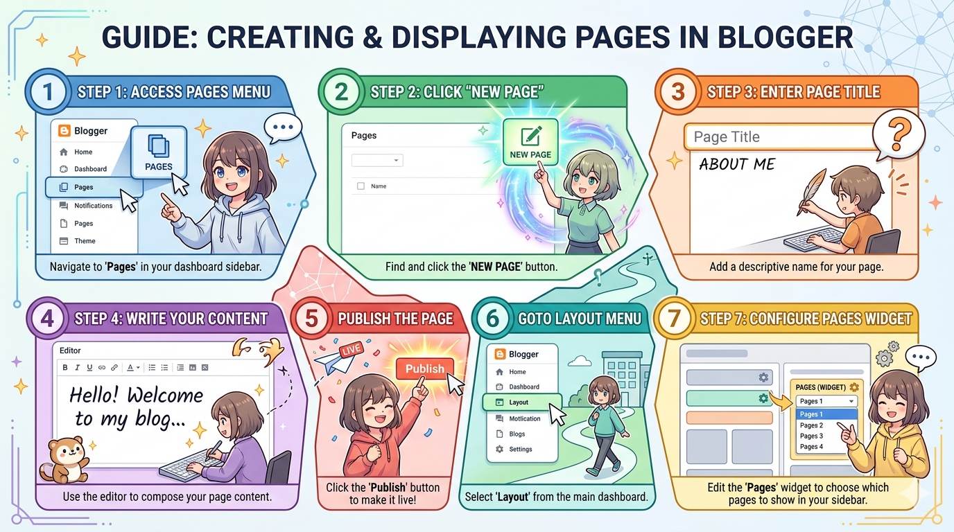 Anime style 7 steps to add pages in Blogger – dashboard, new page, title, write, publish, layout, menu