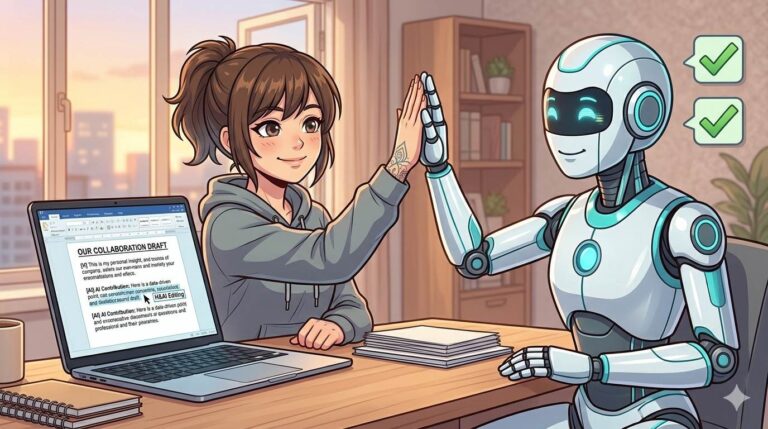 Anime style human and robot collaborating on writing – AI content writers as assistants