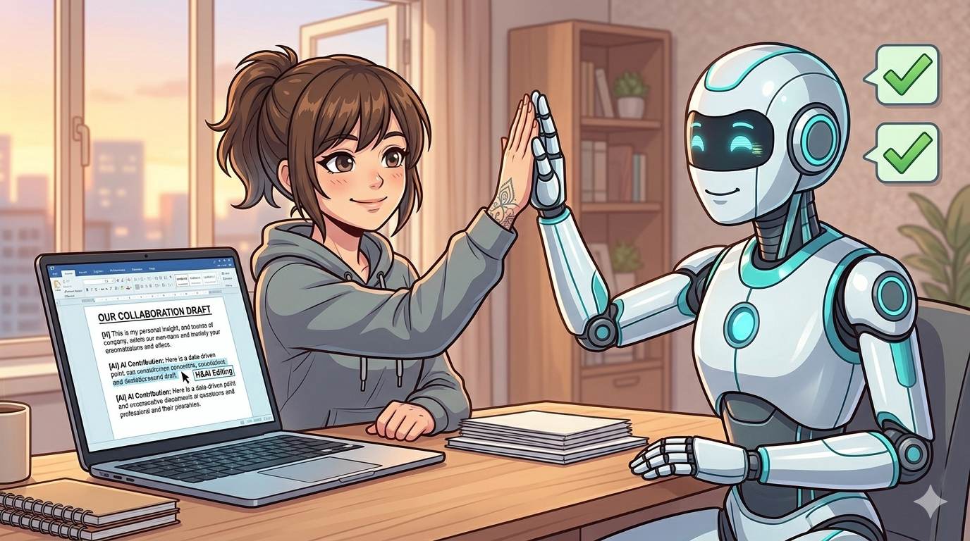 Anime style human and robot collaborating on writing – AI content writers as assistants