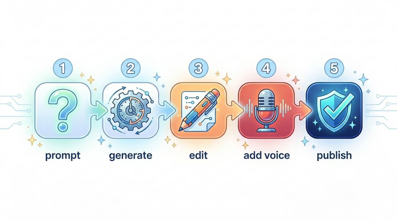 Anime style 5 steps to use AI content writers – prompt, generate, edit, personalize, publish
