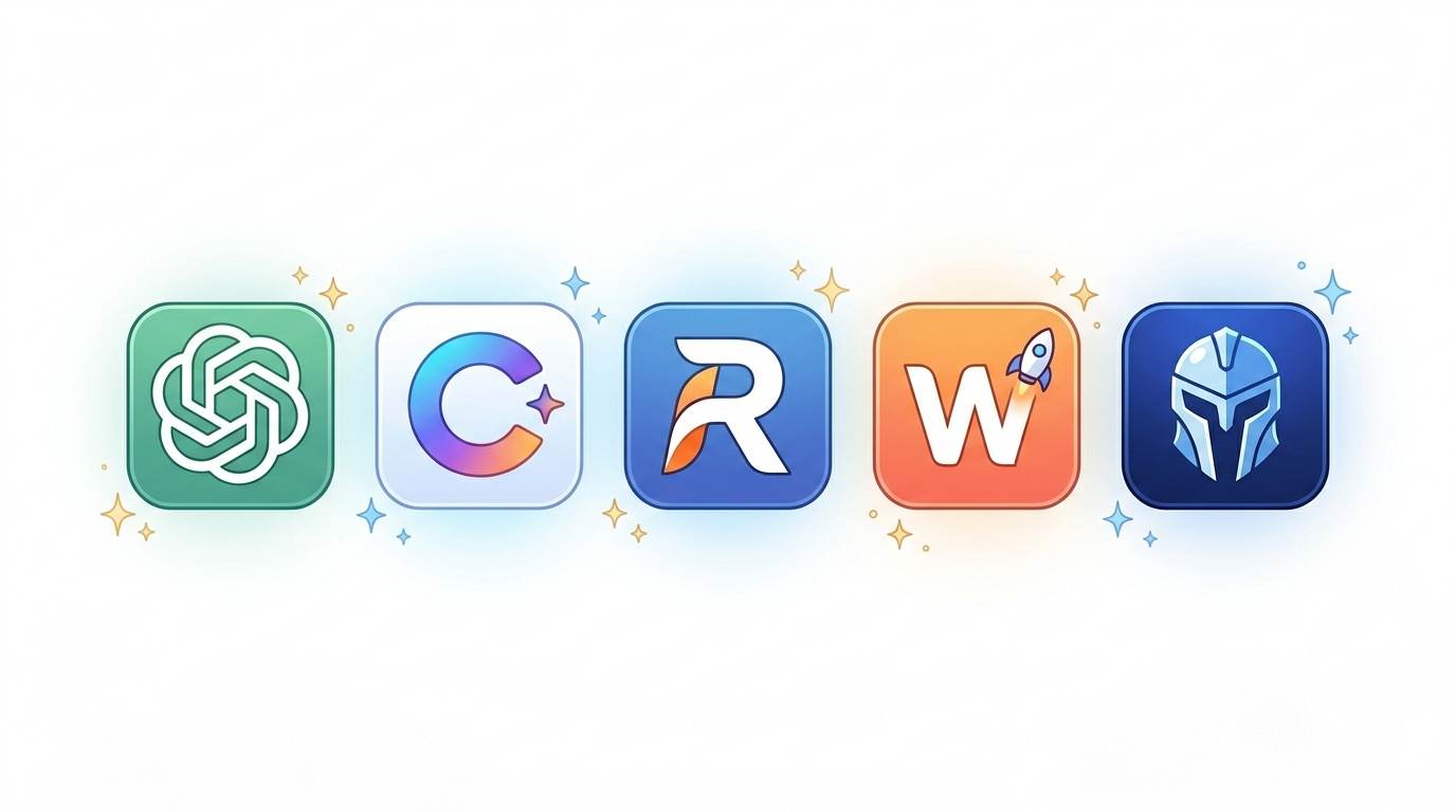 Anime style icons of free AI writing tools – ChatGPT, Copy.ai, Rytr, Writesonic, Jasper